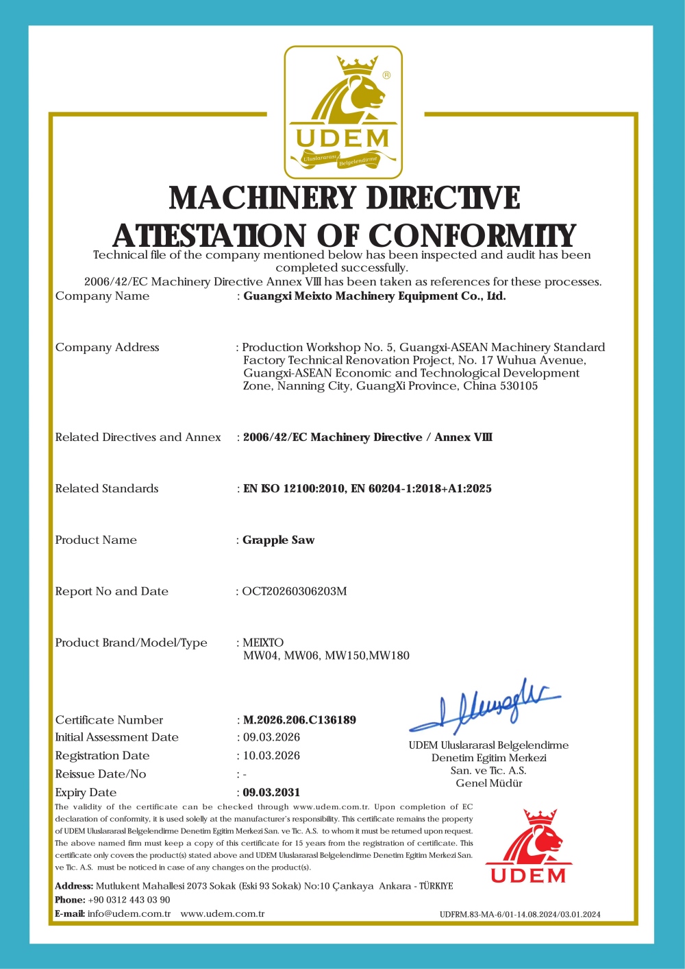 Grapple Saw CE Certificate