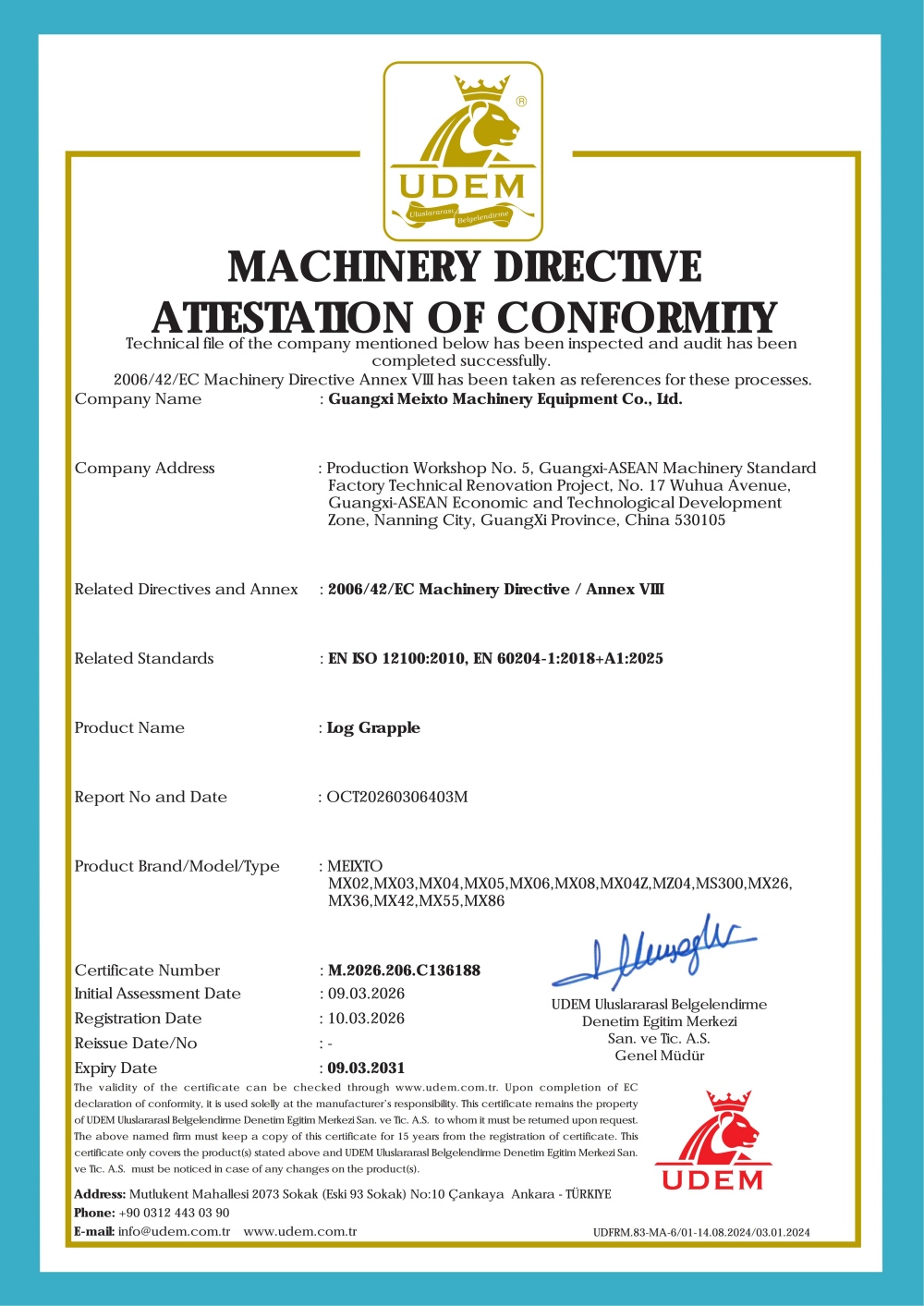 Log Grapple CE Certificate