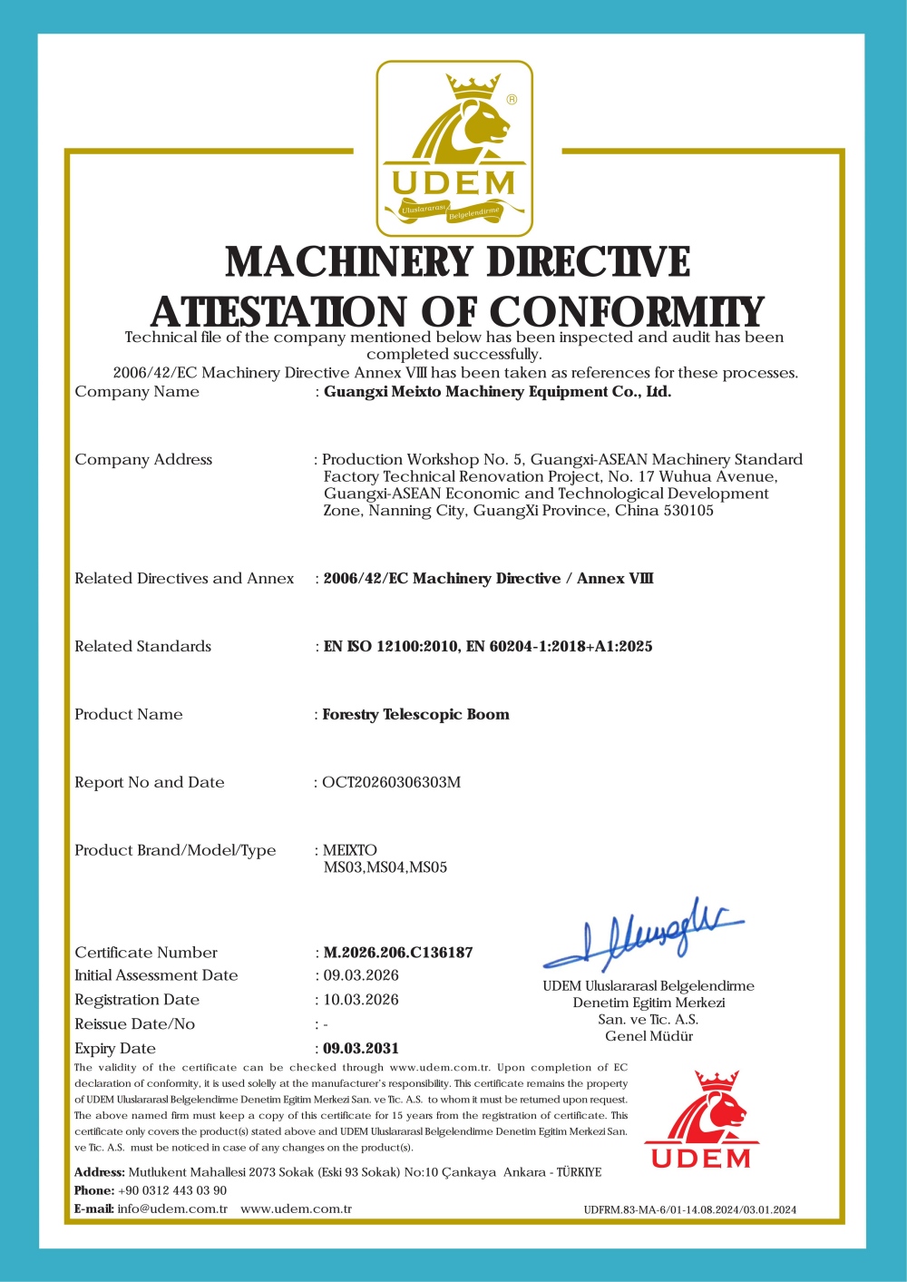 Forestry Telescopic Boom CE Certificate